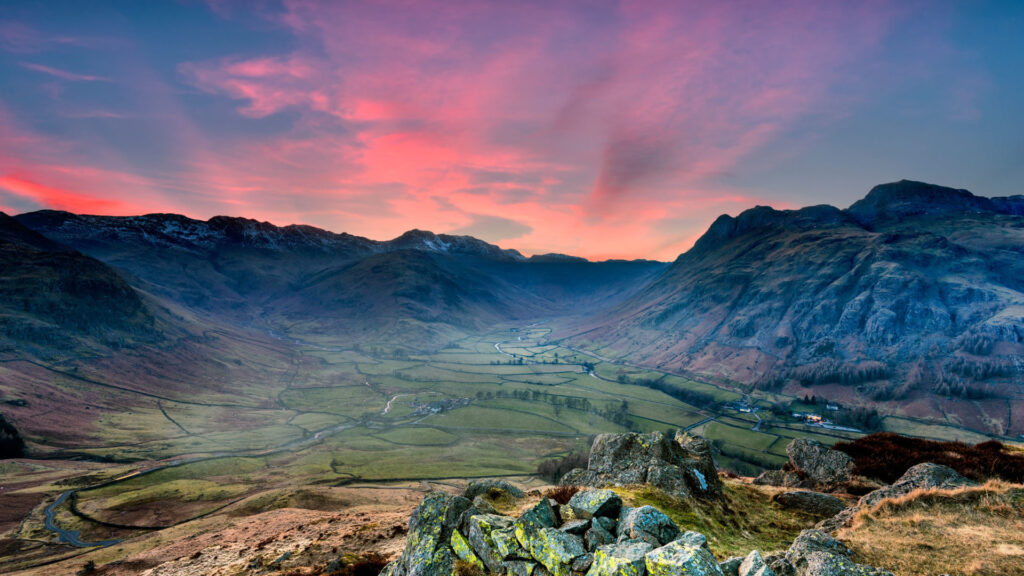 Lake district valley landscape at sunset